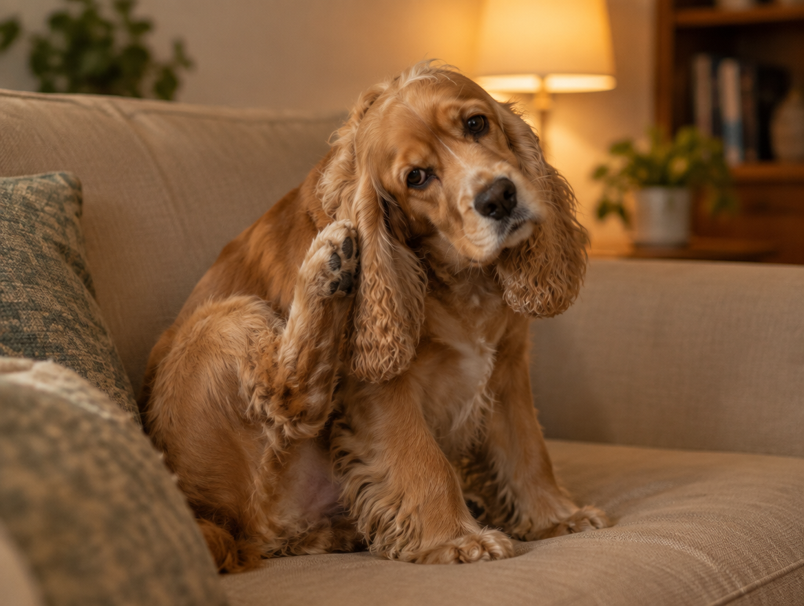 Cocker se grattant l'oreille sur un canapé