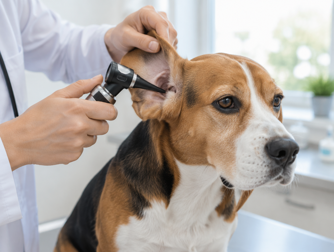Vétérinaire examinant l'oreille d'un chien à l'otoscope
