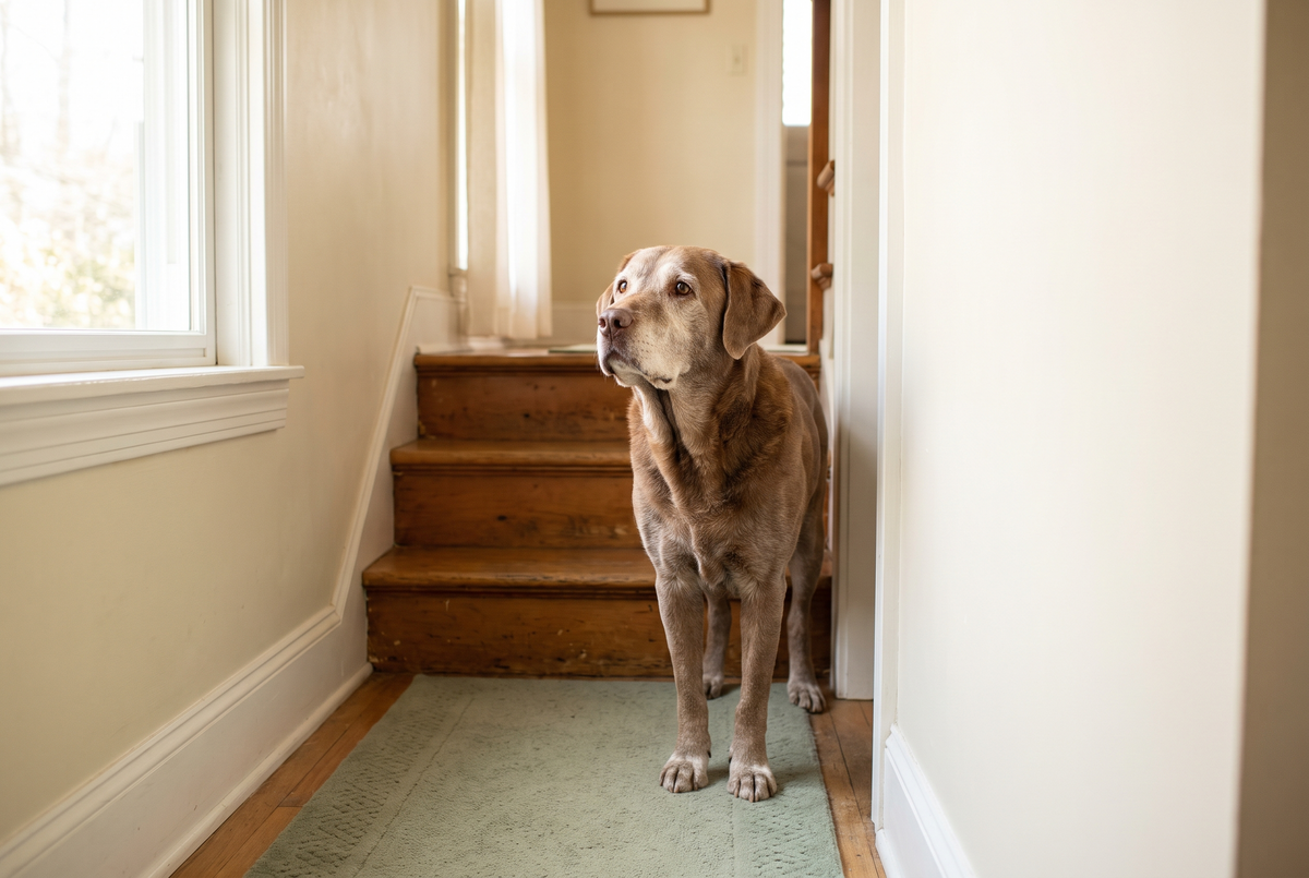 Chien devant un escalier