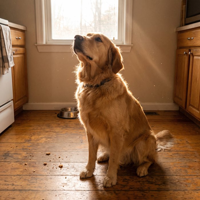 Golden retriever dans une cuisine le matin