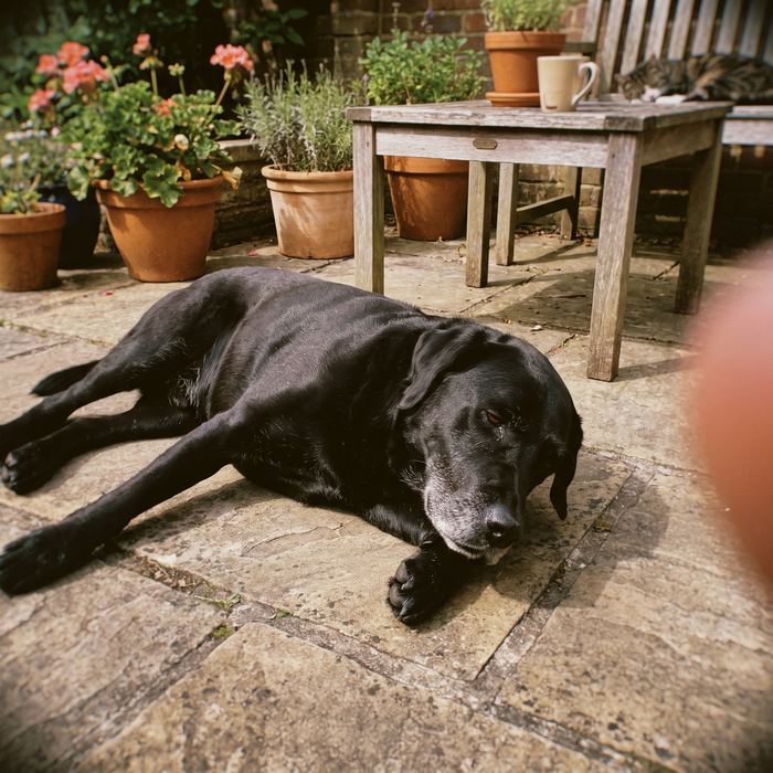 Labrador noir allongé au soleil sur une terrasse