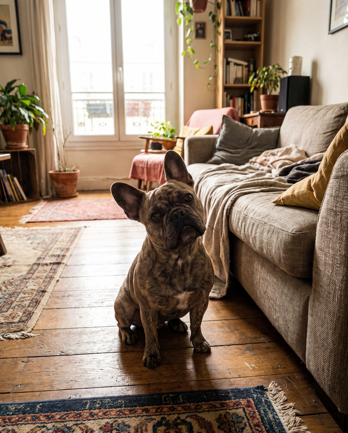 Bouledogue français assis près d’un canapé