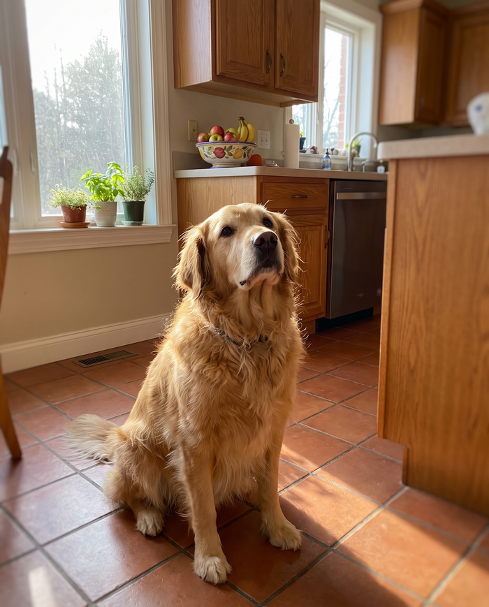 Golden retriever assis dans une cuisine lumineuse