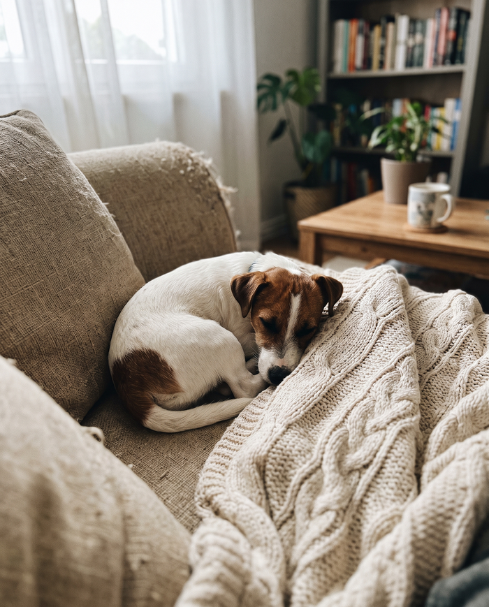 Jack Russell terrier roule en boule sur un canape