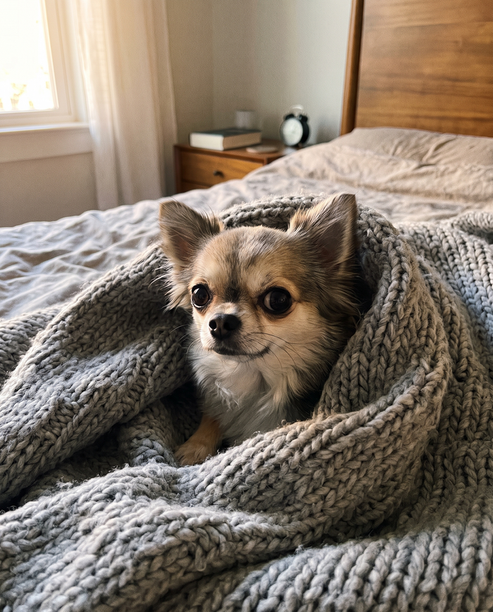 Chihuahua a poil long blotti dans un plaid