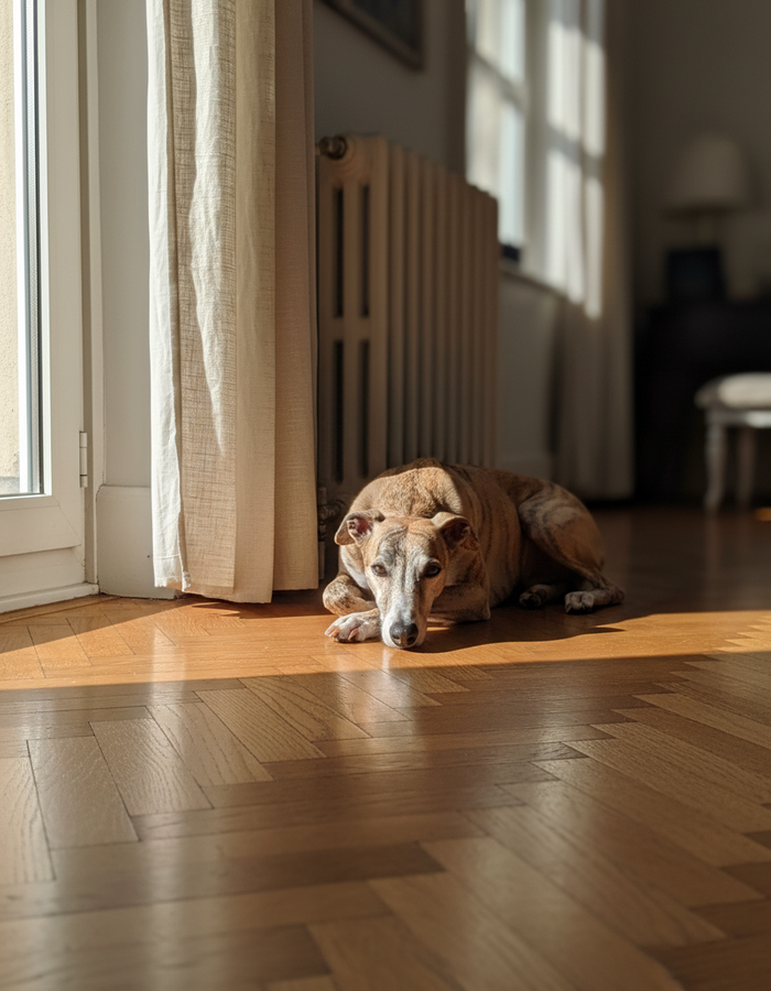 Whippet allonge sur un parquet pres d une fenetre
