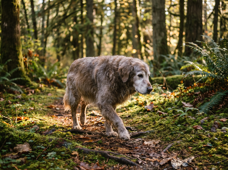 Grand chien senior marchant sur un sentier forestier