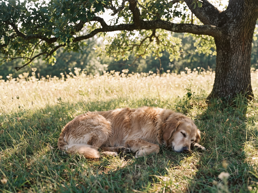 Chien paisible au repos à l’ombre d’un arbre