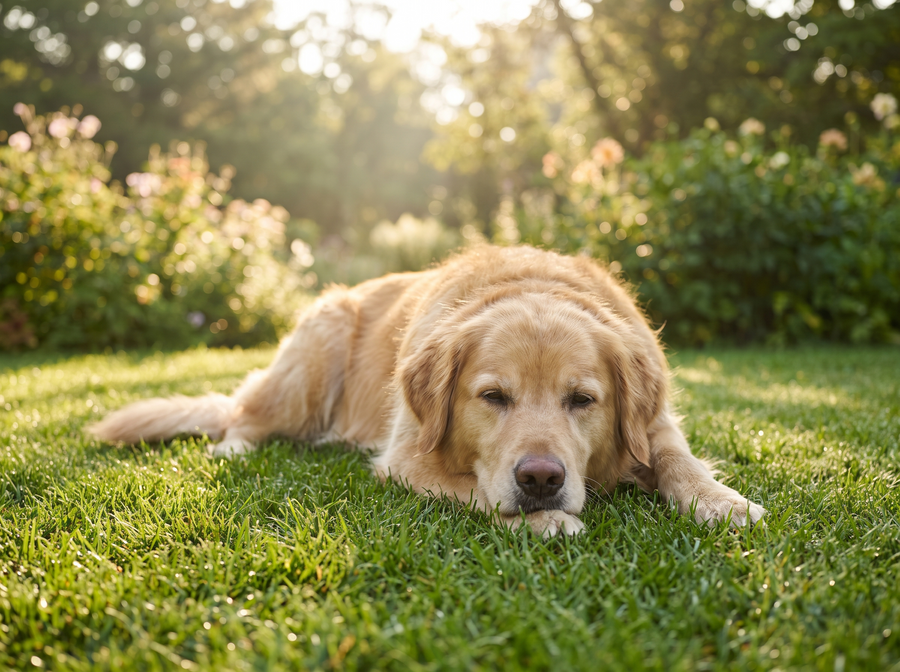 Chien détendu allongé dans l’herbe