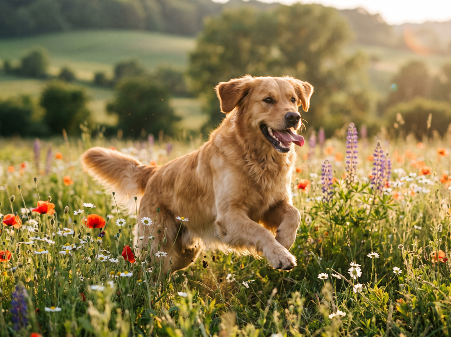 Chien plein d’énergie courant dans une prairie fleurie
