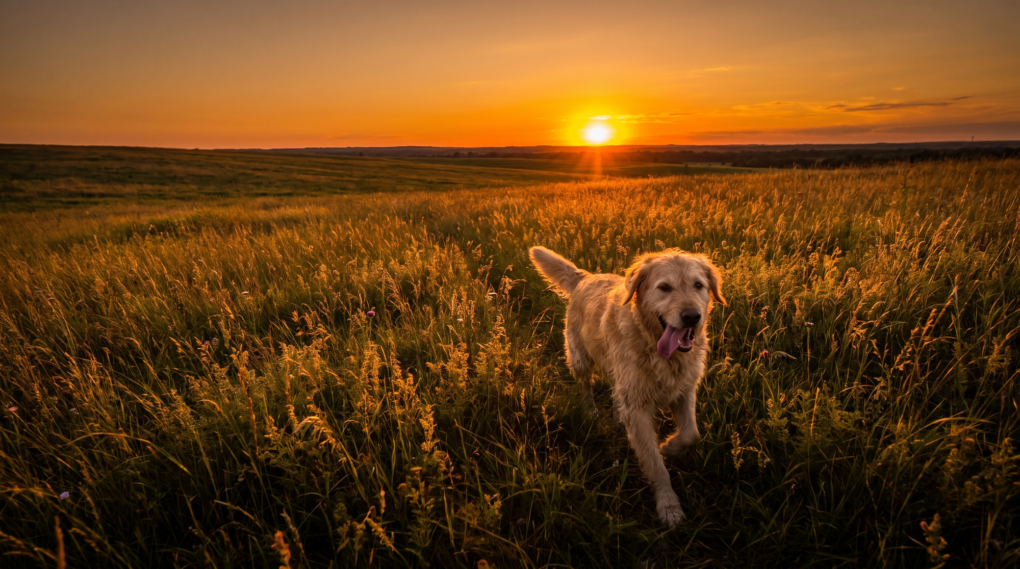 Chien courant dans une prairie au coucher du soleil