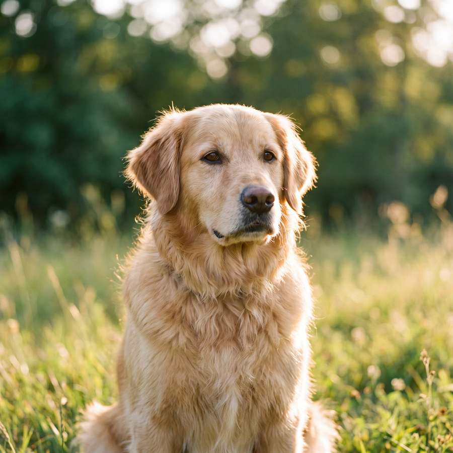 Portrait d’un chien heureux en lumière dorée