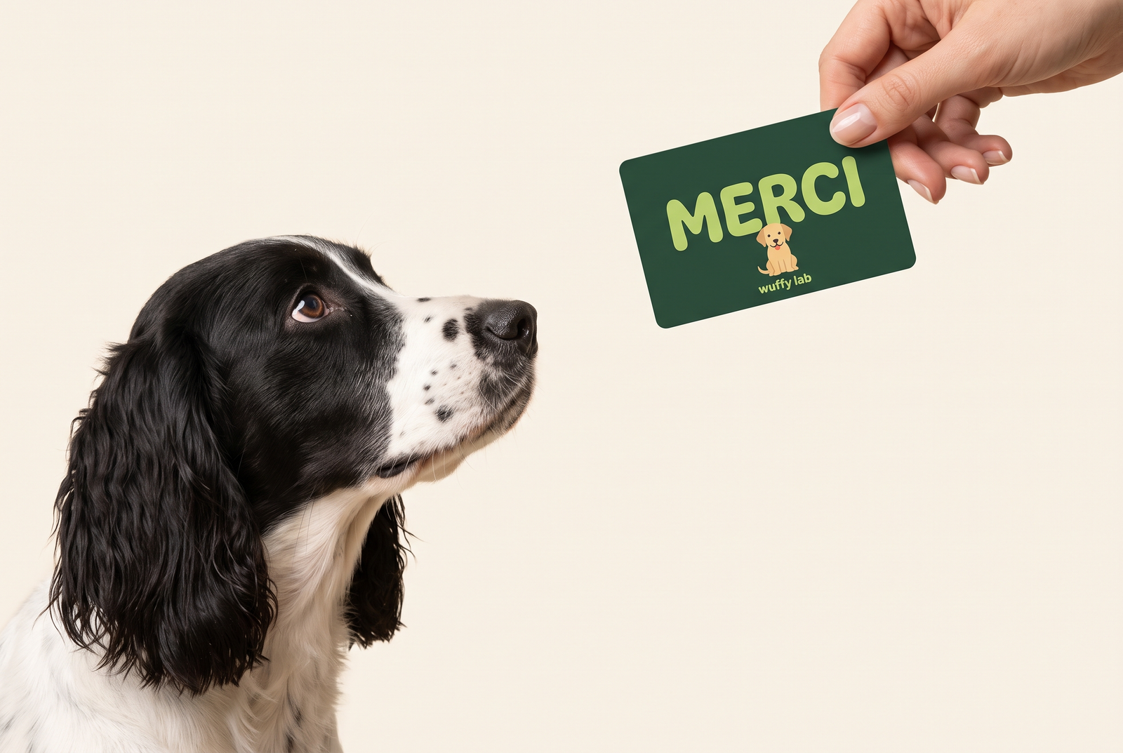Un épagneul regarde une main qui tient une carte cadeau Wuffy Lab
