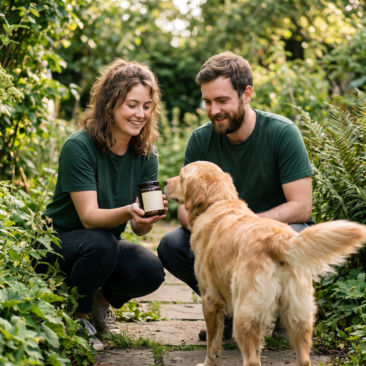 L’équipe Wuffy Lab avec un golden retriever au jardin