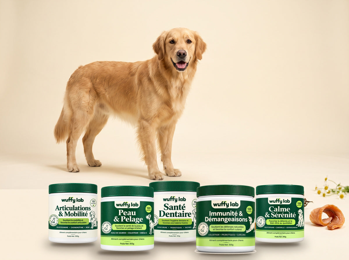 Golden retriever avec la gamme complète Wuffy Lab : Articulations, Peau & Pelage, Santé Dentaire, Immunité, Calme & Sérénité