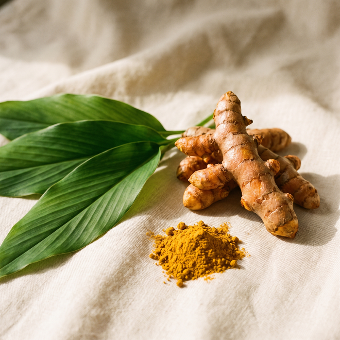 Racine et poudre de curcuma sur lin crème