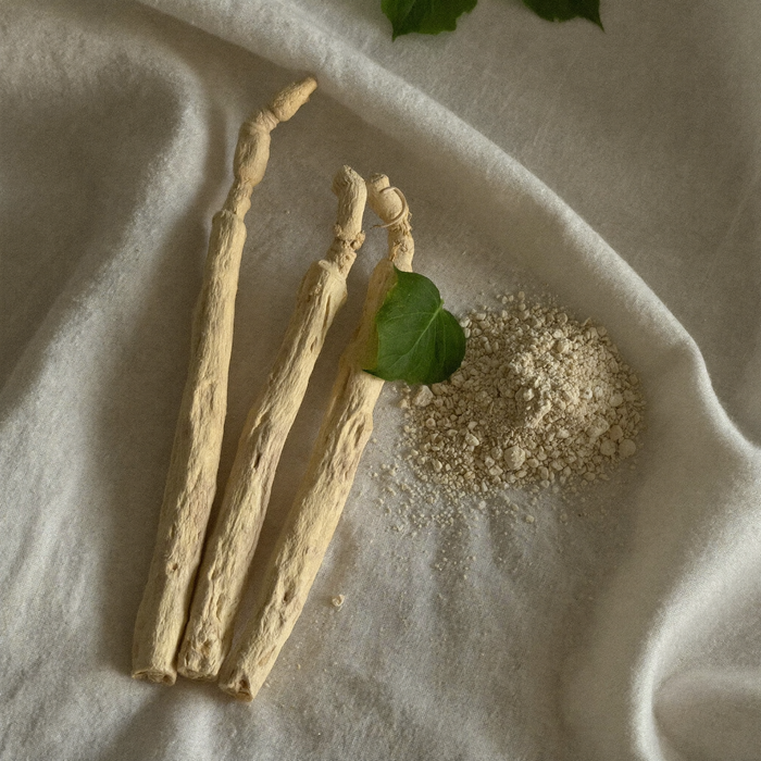 Racines d'ashwagandha séchées et poudre sur lin crème