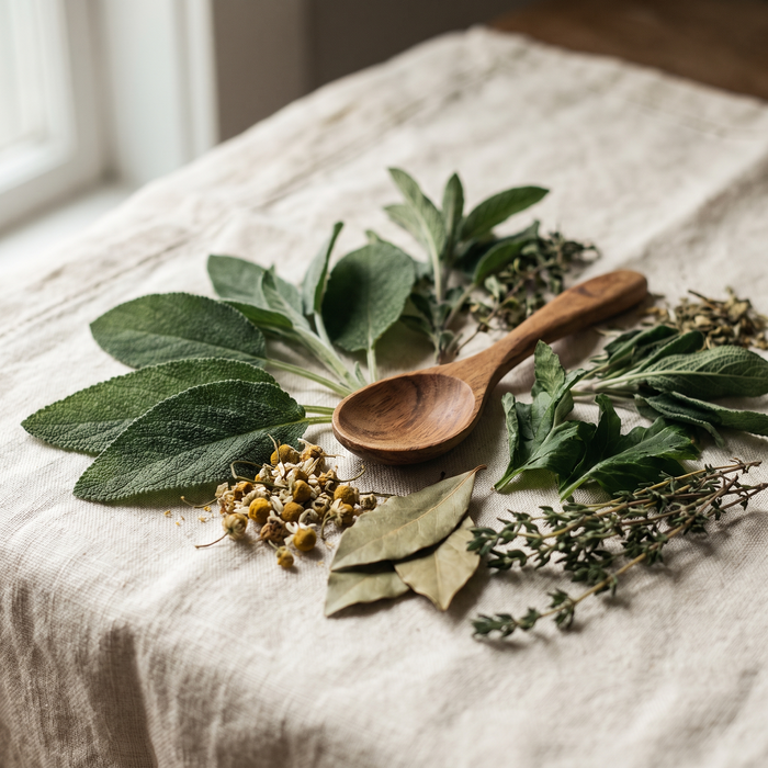 Nature morte d’ingrédients botaniques sur lin crème