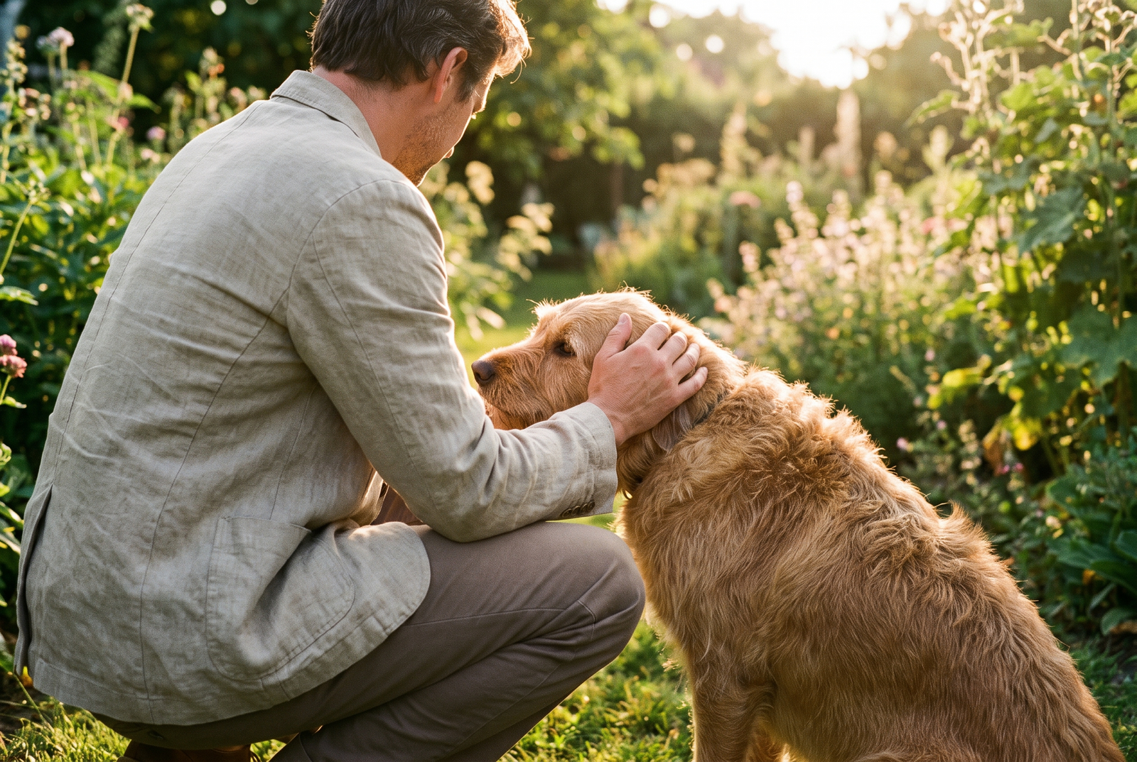 Propriétaire caressant son chien dans un jardin ensoleillé